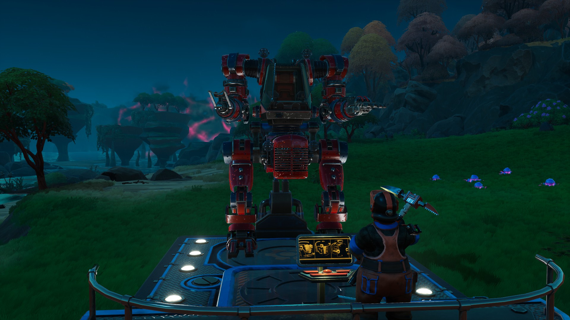 The player standing at the Upgrade Depot with their Mech in Lightyear Frontier.