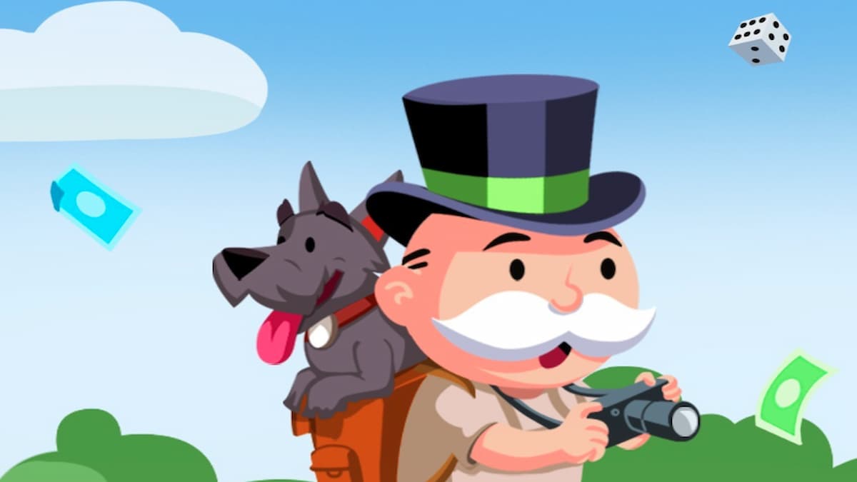Mr. Monopoly and dog on vacation in Monopoly GO