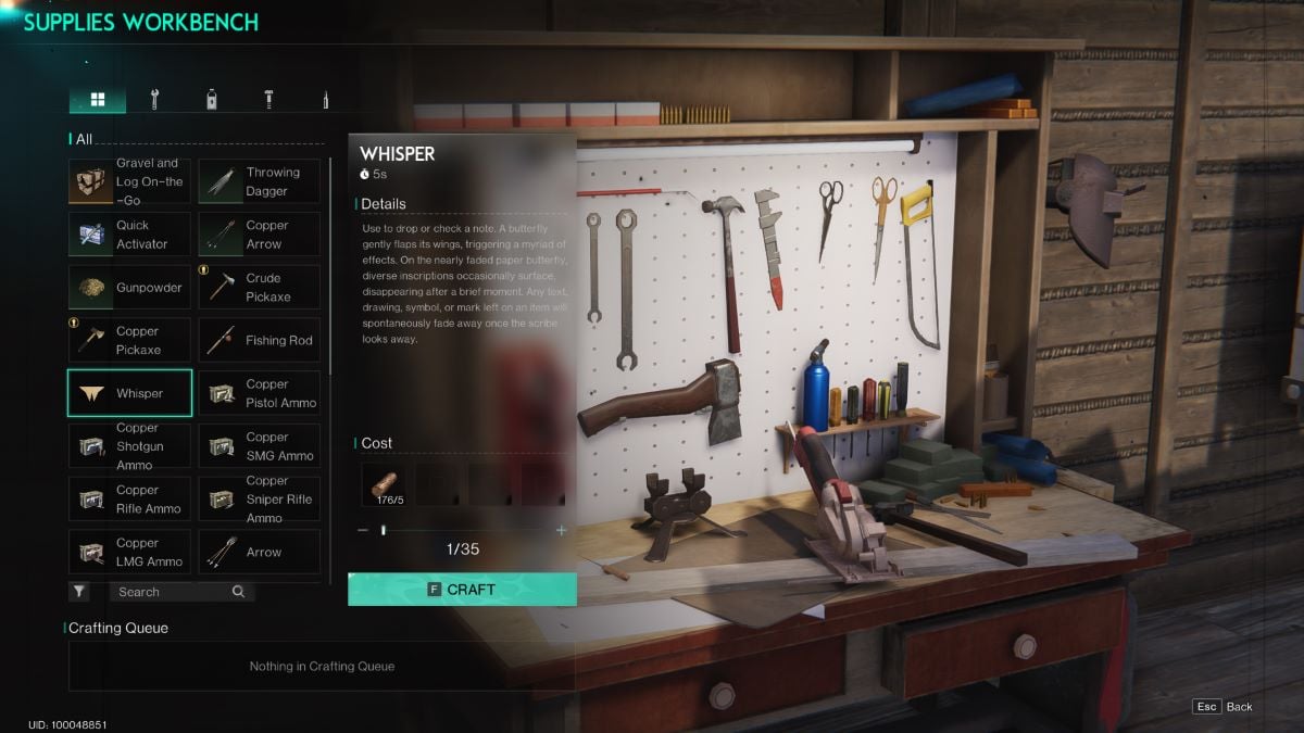A screenshot of the Supplies Workbench crafting screen in Once Human.