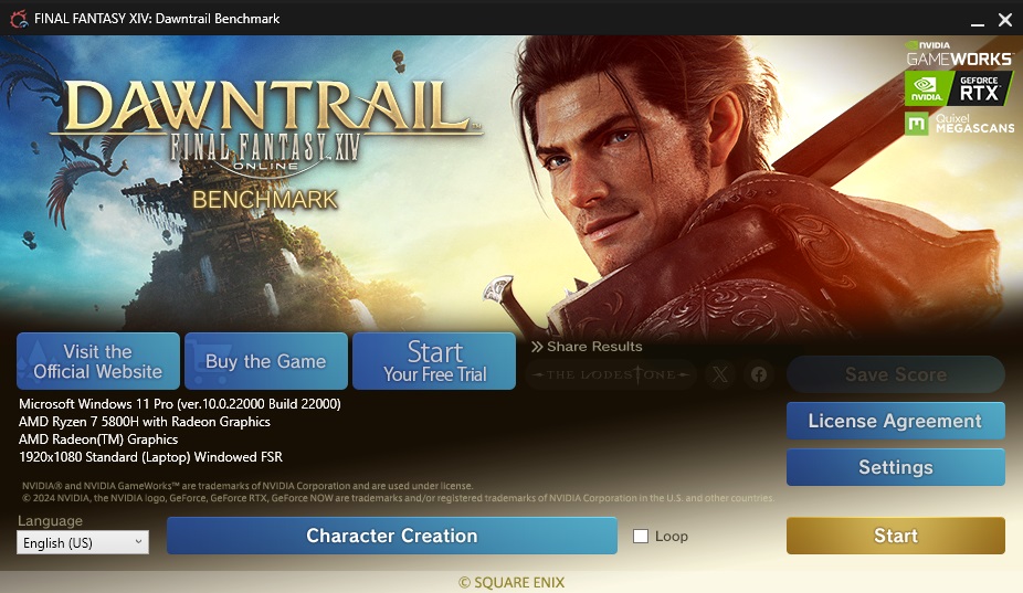 Final Fantasy XIV Dawntrail Benchmark screen.