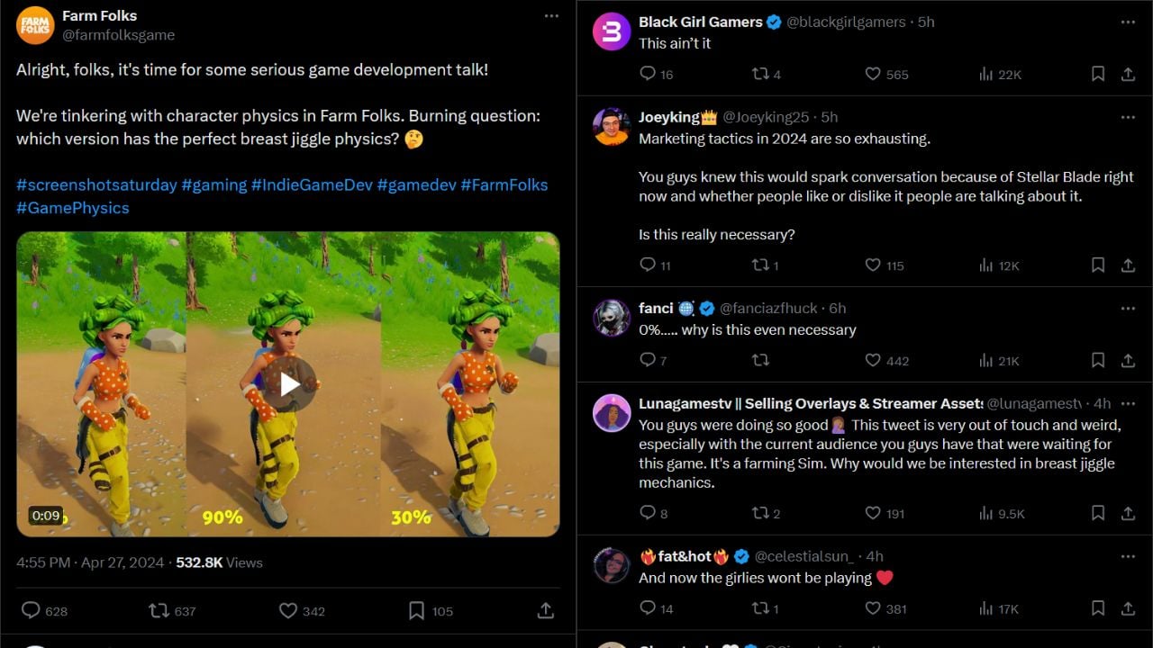 Screenshot of Farm Folk's tweet about jiggle physics and comments