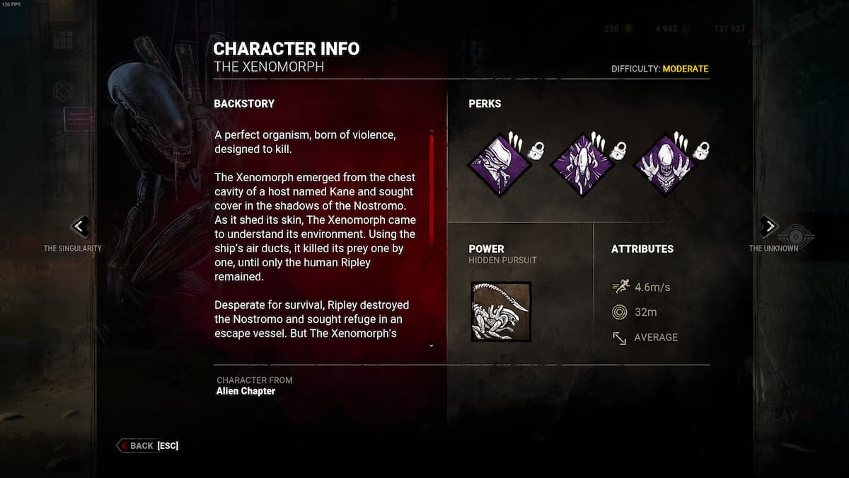 The Xenomorph's character information in Dead by Daylight.