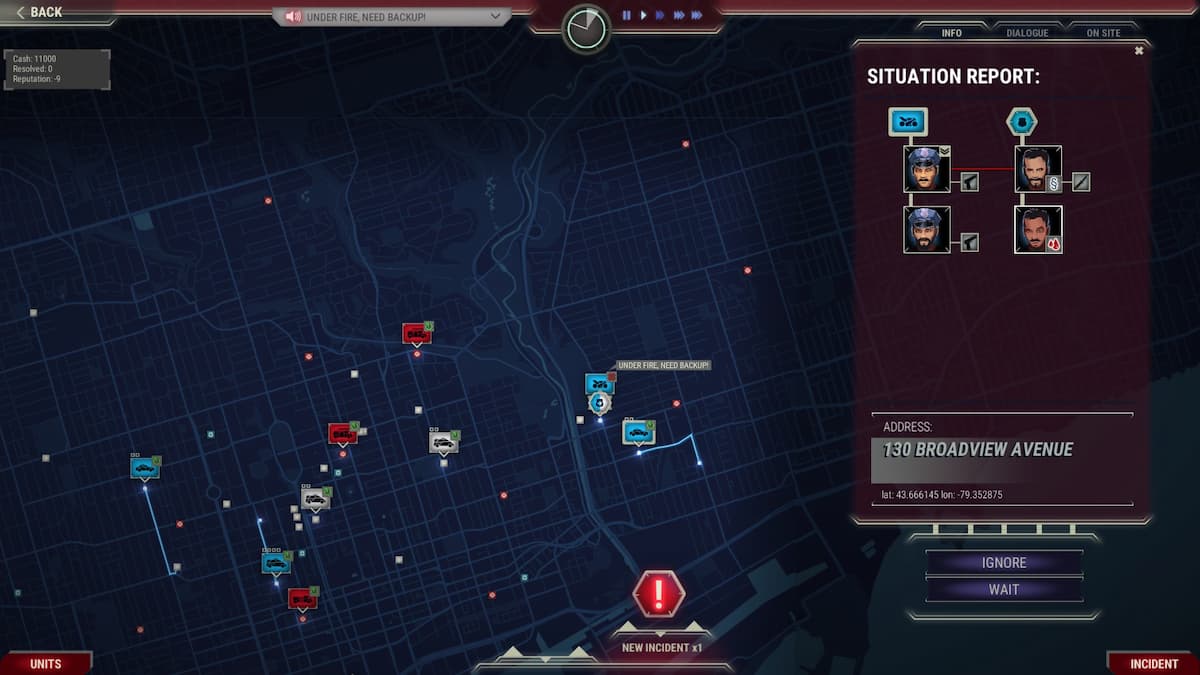 911 Operator gameplay where the player is sending out police patrols around the city