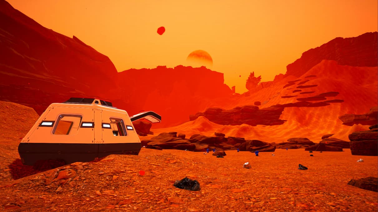 A red planet with a space pod that's just landed in The Planet Crafter
