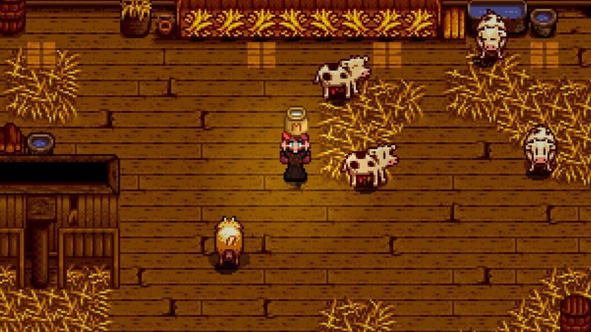 The player holding large milk in Stardew Valley.