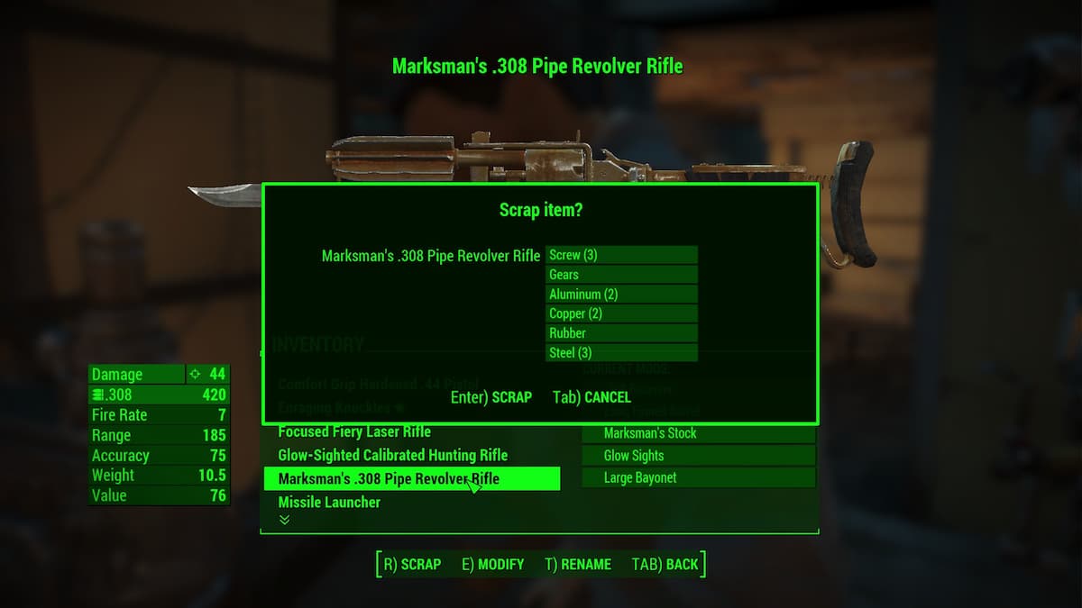 Scrapping materials from the pipe weapon in Fallout 4