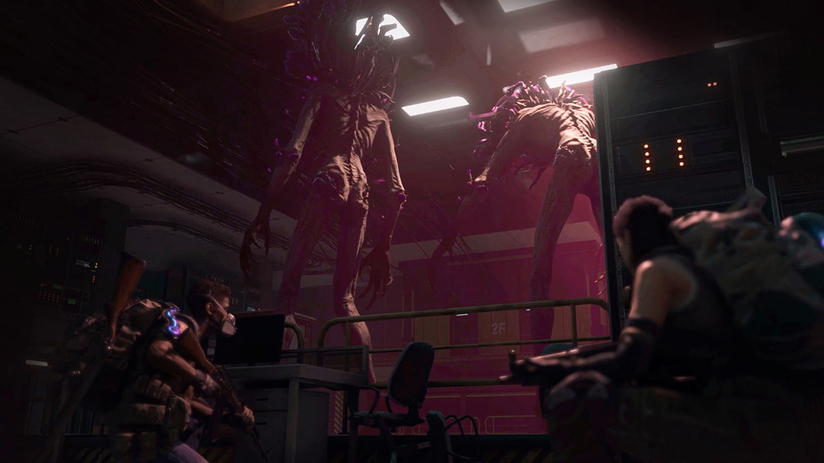 Human players sneaking behind Stardust aliens in Once Human.