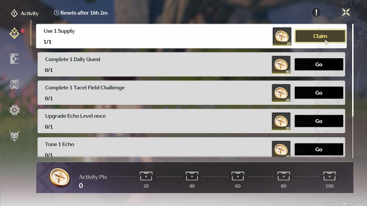 Wuthering Waves Guidebook showing Daily Acitivities