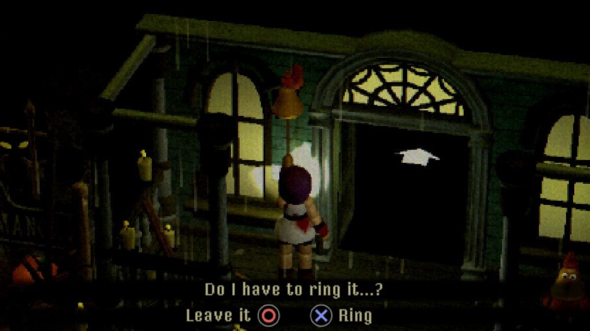 Mara tugging on the doorbell at the Haunted Hilltop Manor eight times