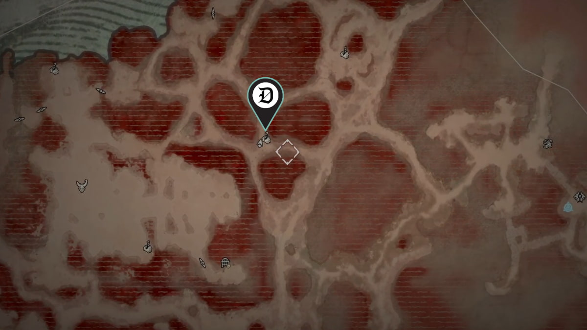 A close-up view of a Helltide in Diablo 4 with a Mystery Chest marked.