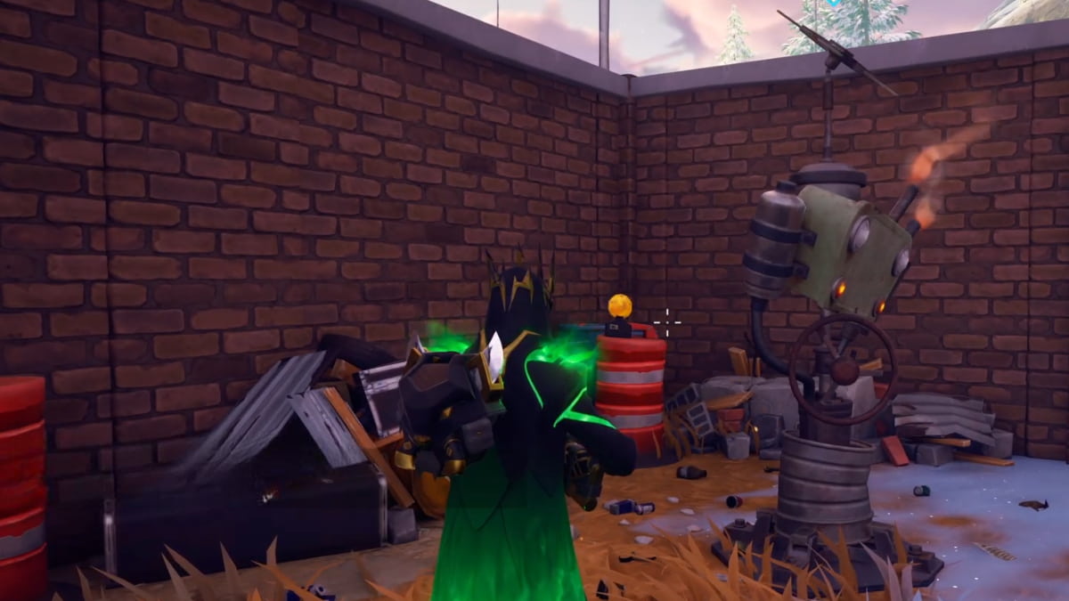 A player in Fortnite alongside a Wasteland Beacon.