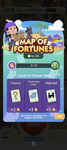 Map of Fortunes points for milestones and rewards in Monopoly GO