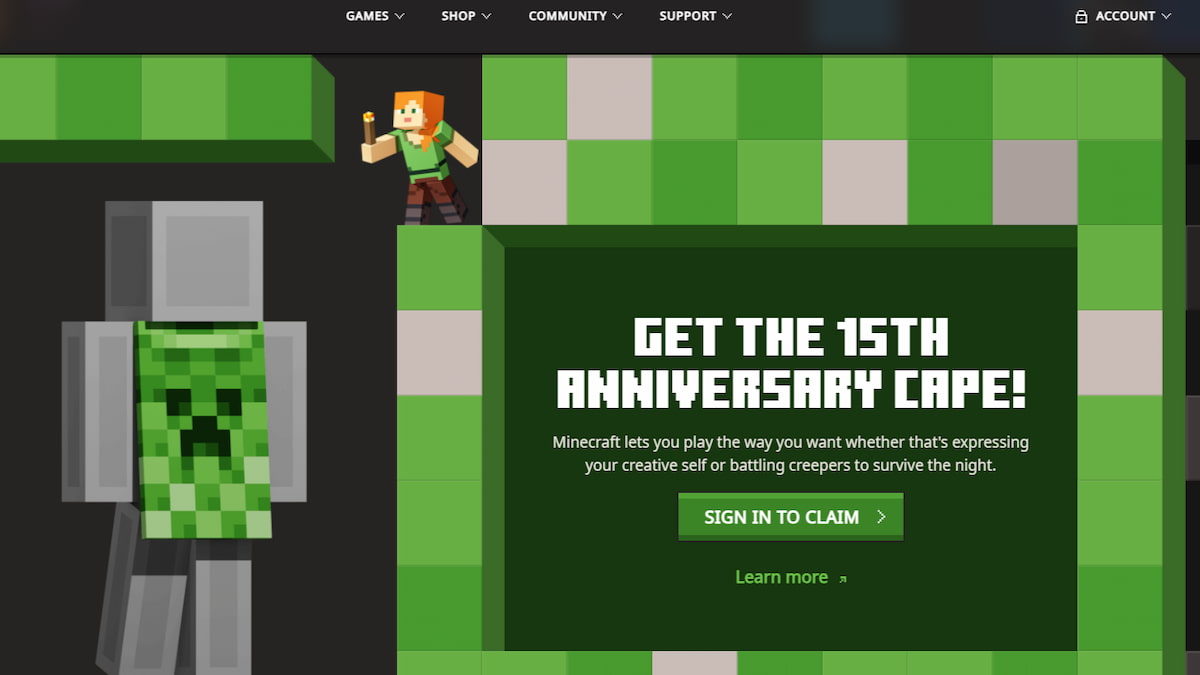 The sign in for the Creeper Cape page in Minecraft.