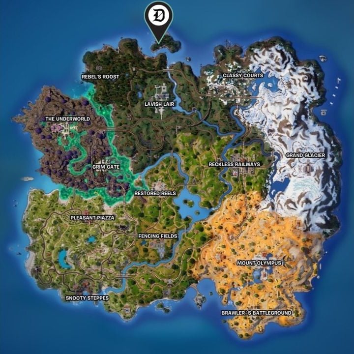 The Fortnite chapter 5 season 2 map highlighting the Darth Vader location north of the map.