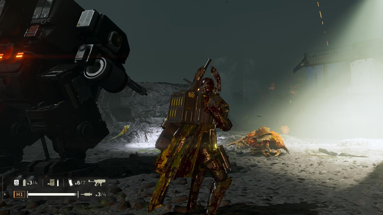 Helldivers 2 player with Pummeler next to Patriot exosuit.