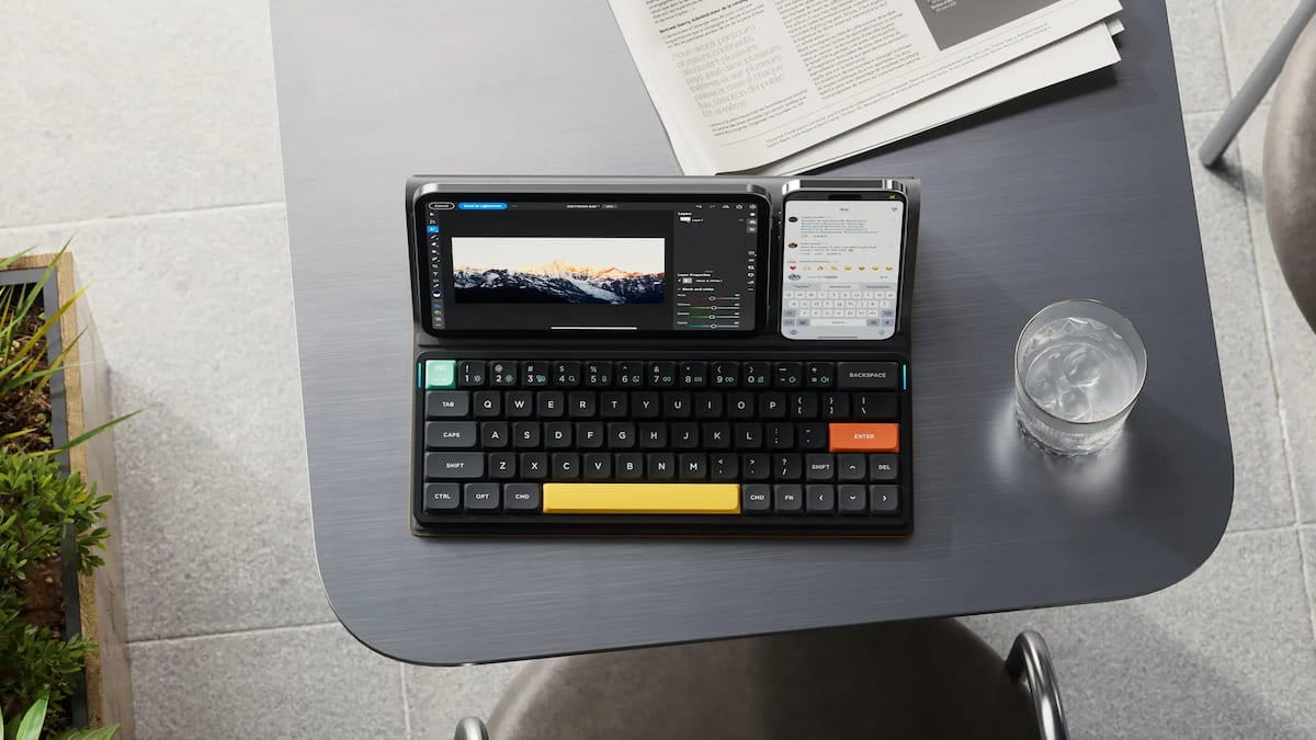 A NuPhy Air60 V2 keyboard connected to an iPad and iPhone.