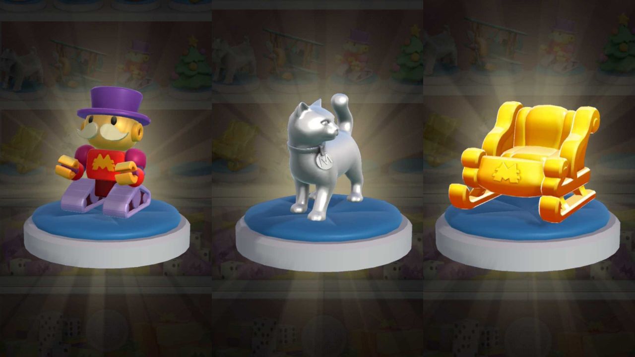 Three Monopoly GO player tokens side by side.