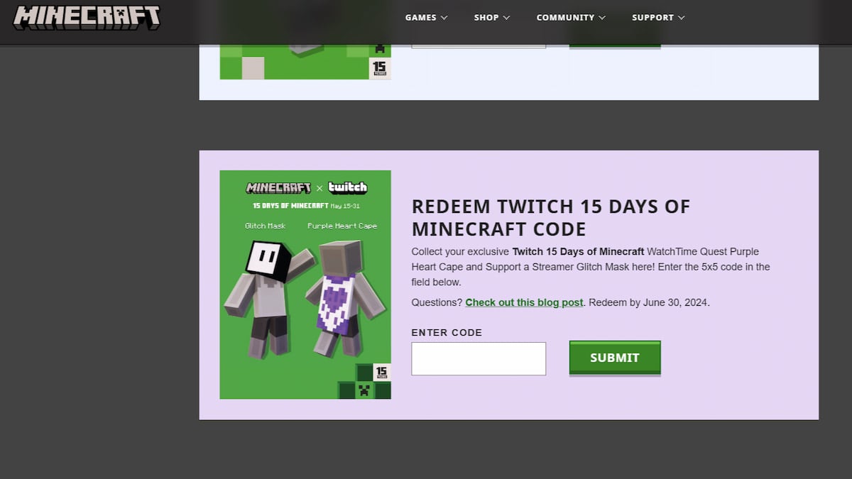 The redemption page for the Purple Heart Twitch cape in Minecraft.