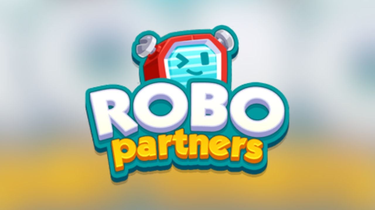 The Robo Partners logo in Monopoly GO on a yellow, white, and blue background.
