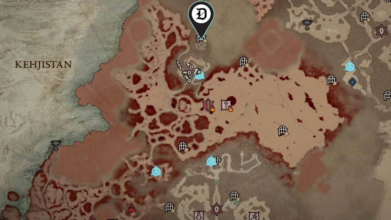 The Diablo 4 map showing the Kehjistan area with a Dot Esports pin on top of the Sepulcher of the Forsworn dungeon.