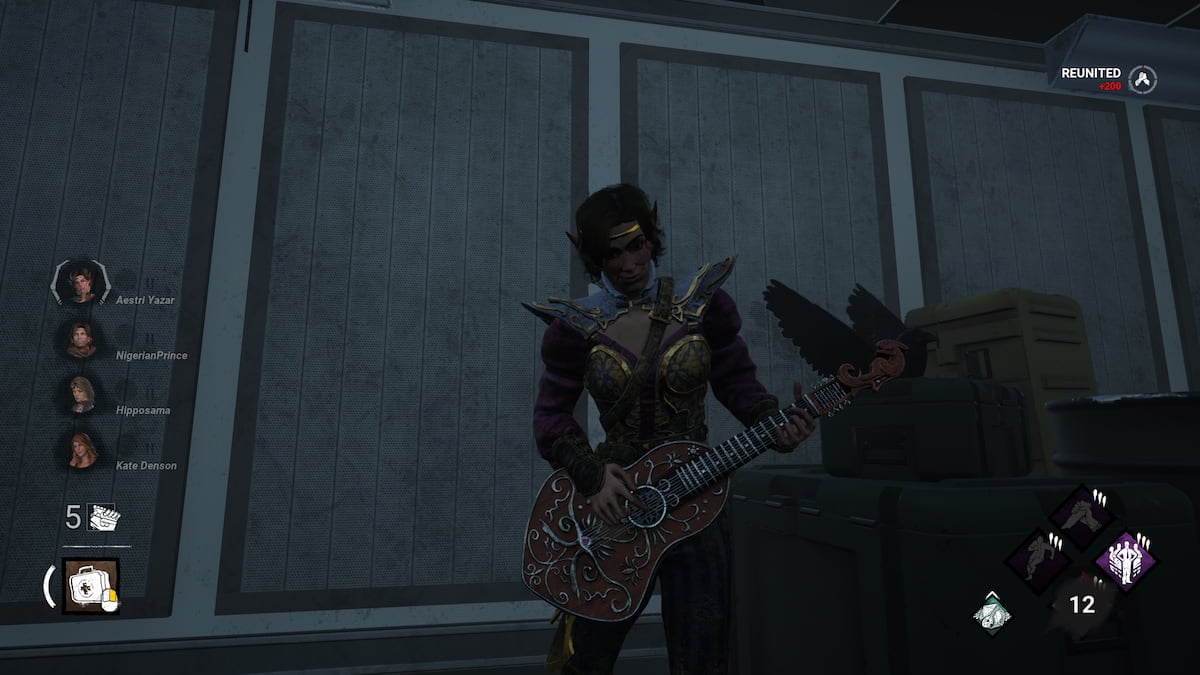 An image from Dead By Daylight of Aestri using the Bardic Inspiration perk, where she pulls out a lute and plays a song to inspire survivors.
