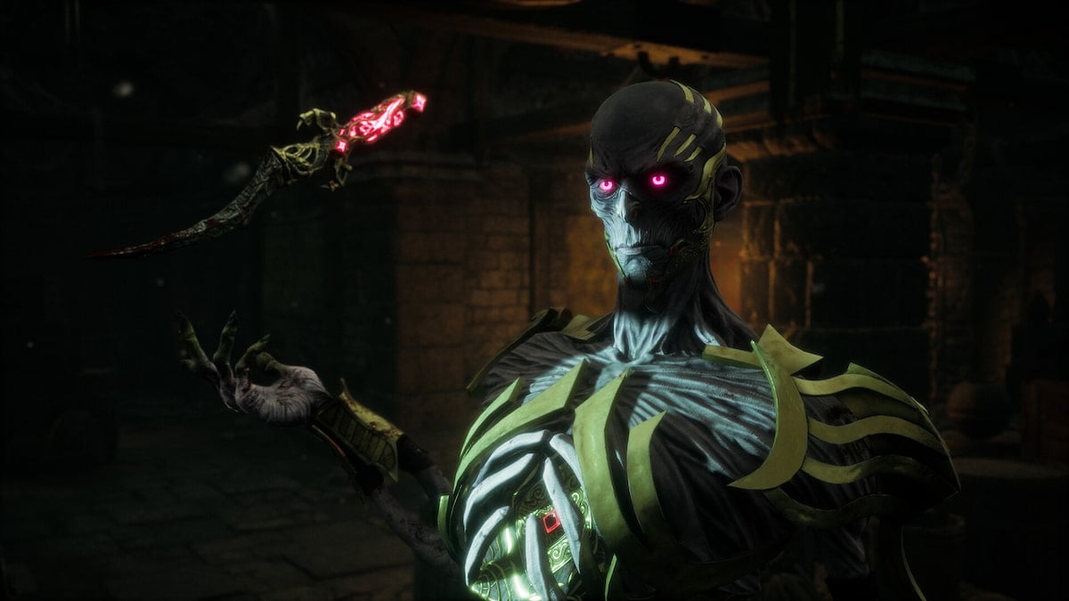 An image from Dead by Daylight of the Lich, also known as Vecna, posing towards the camera. He has gold armor and a floating knife.