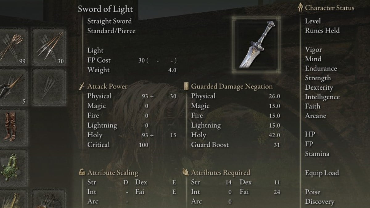 The Sword of Light stats in Elden Ring Shadow of the Erdtree.