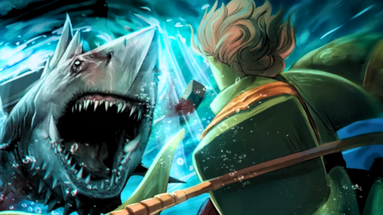 a roblox player battling a shark in GPO