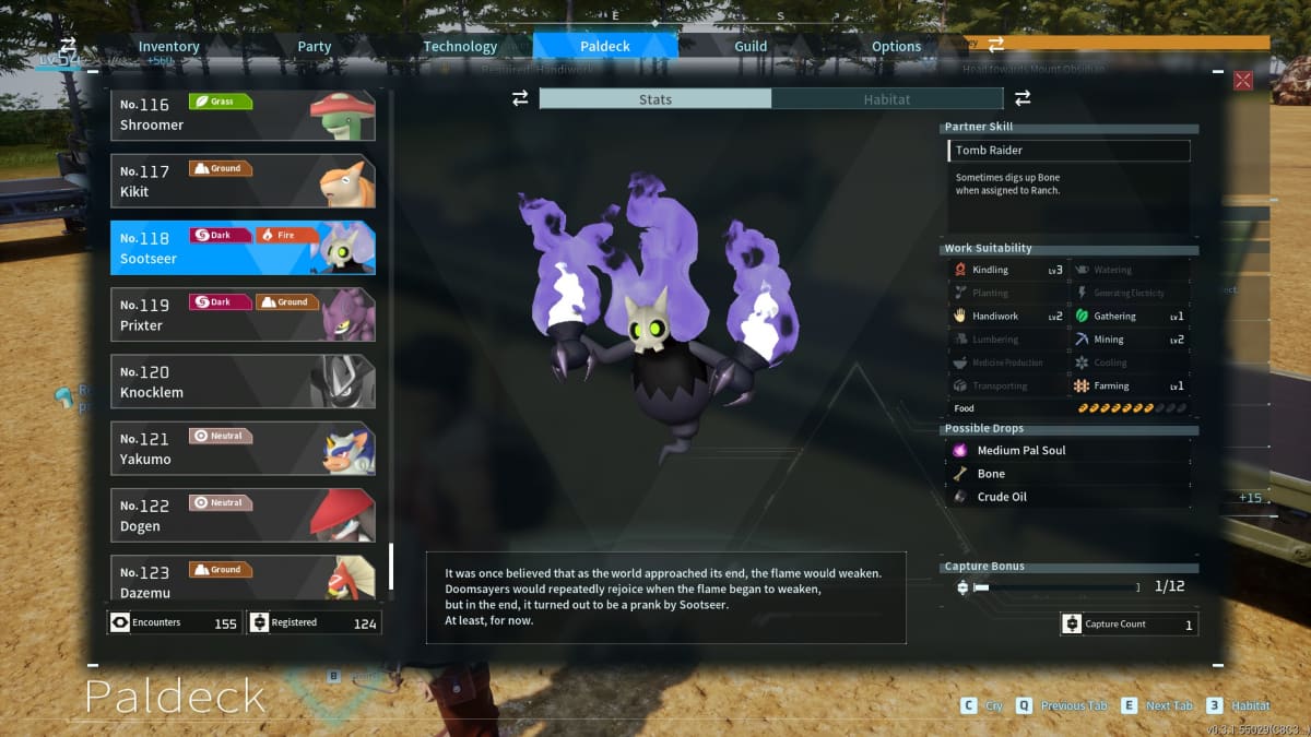 Sootseer's Paldeck page in Palworld.