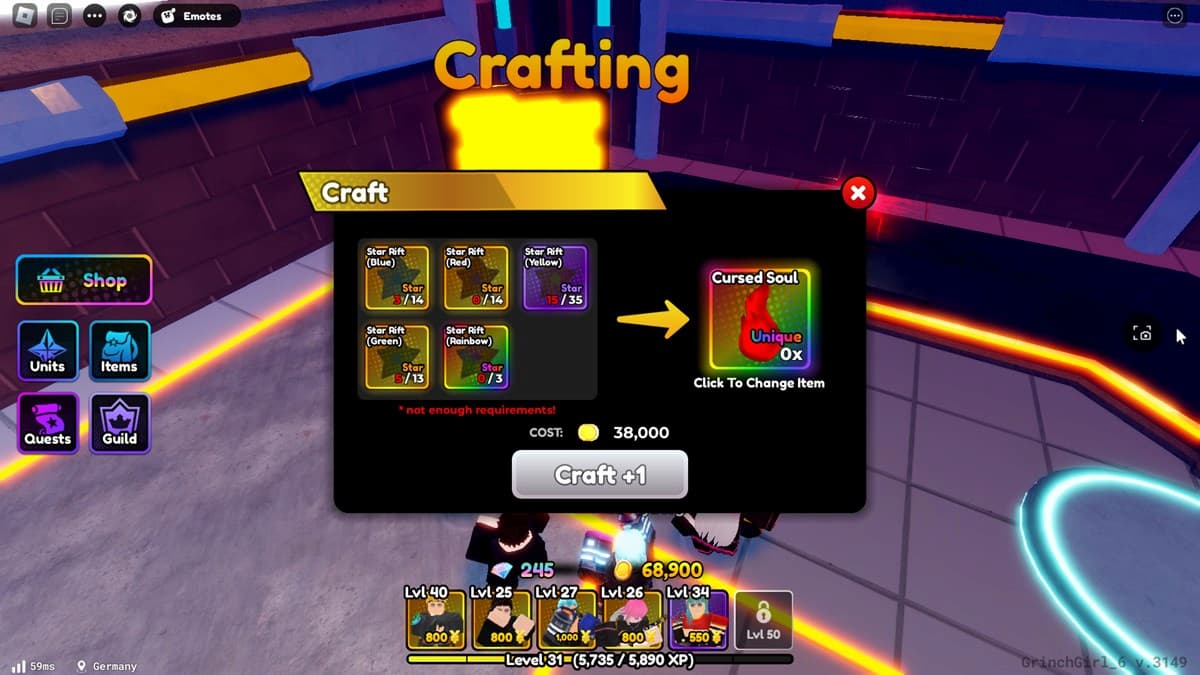 Cursed Soul in Anime Defenders crafting items