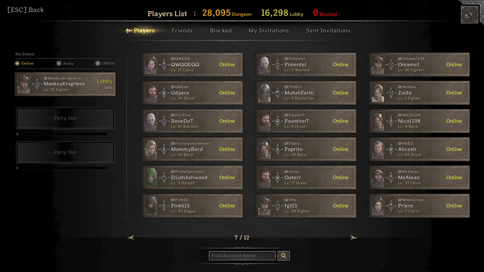 player select screen in dark and darker