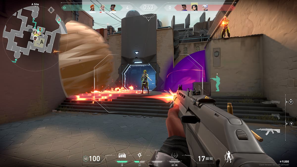 VALORANT console focus, showing a player shooting a gun at an enemy.