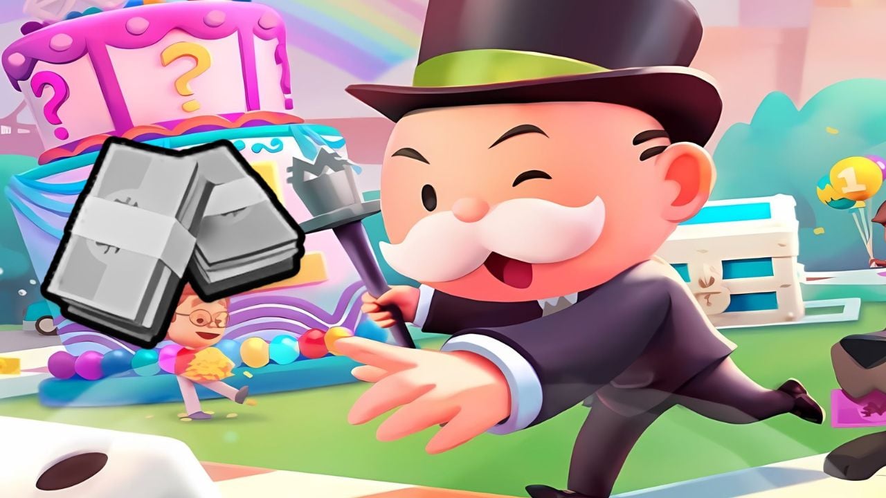 Mr Monopoly going after grey bills on a colorful background