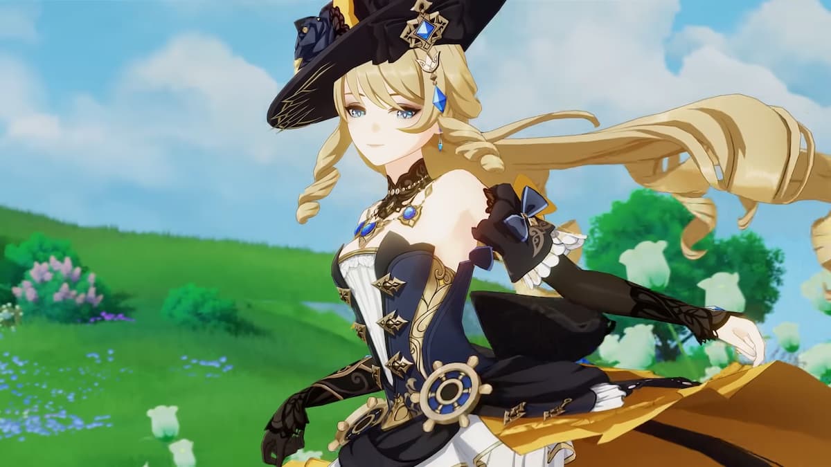 Navia walking through a field in Genshin Impact.