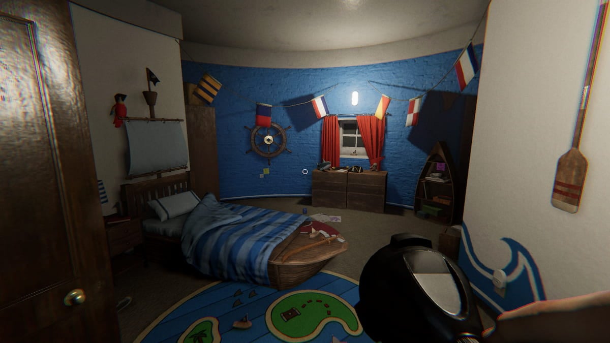 A blue kids bedroom with an ocean theme at Point Hope in Phasmophobia.