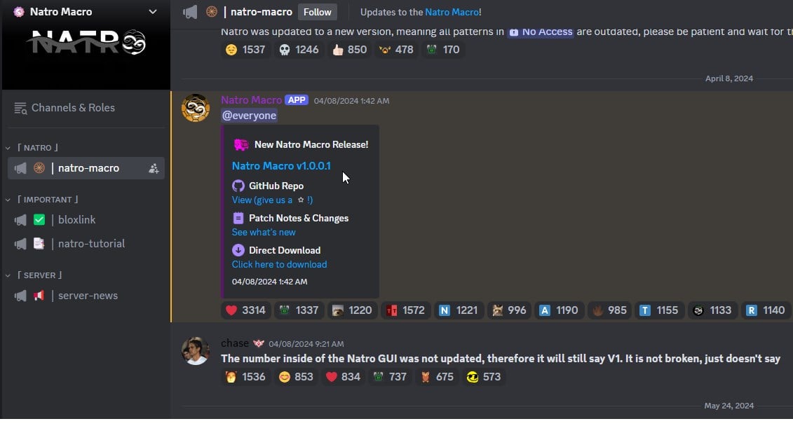 Natro Macro discord page with the download link