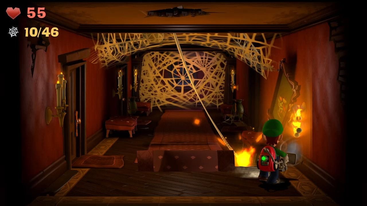 Luigi lighting a spider web fuse