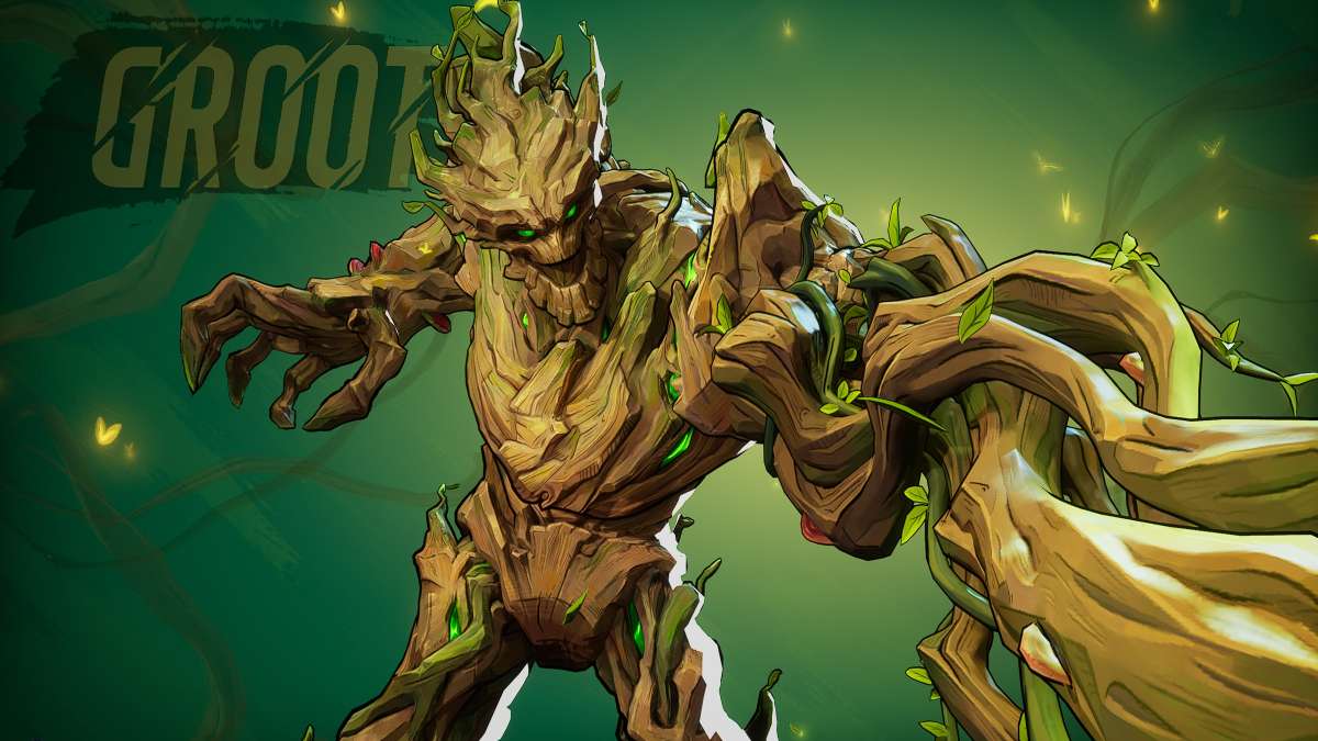 Groot in stylized shot with hero name for the Marvel Rivals hero menu