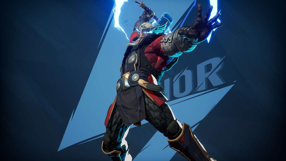 Thor in stylized shot with hero name for the Marvel Rivals hero menu