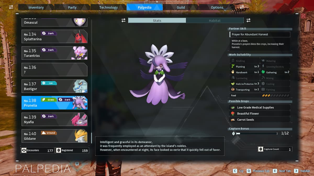 Picture showing Prunelia's Palpedia information including its Work Suitability, Bio, and required food.