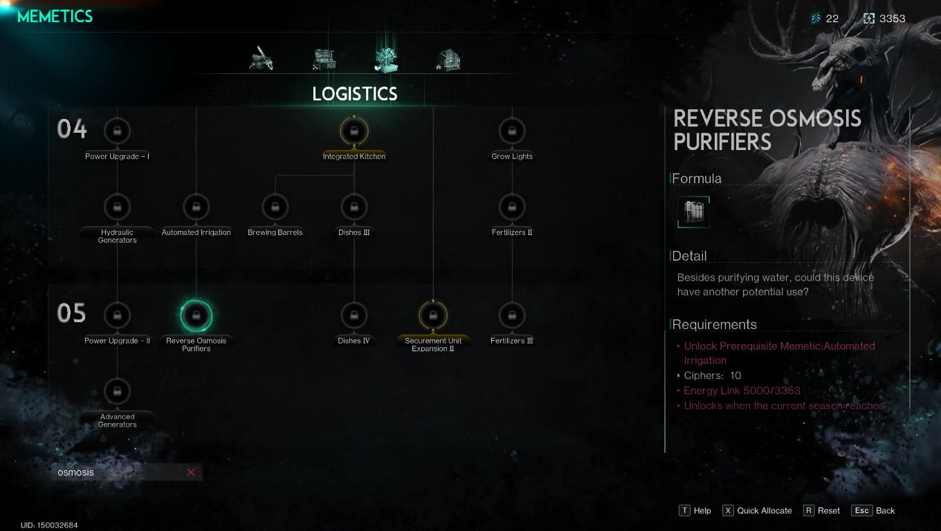 Picture of Mematic Tree of unlocking Reverse Osmosis Purifiers which makes impure acid in Once Human,