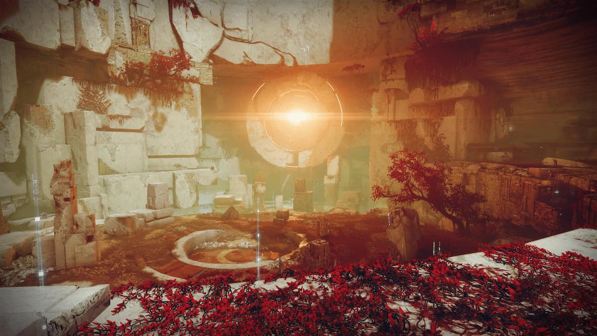 The Watcher's Grave region of Nessus, with its classic red vegetation.