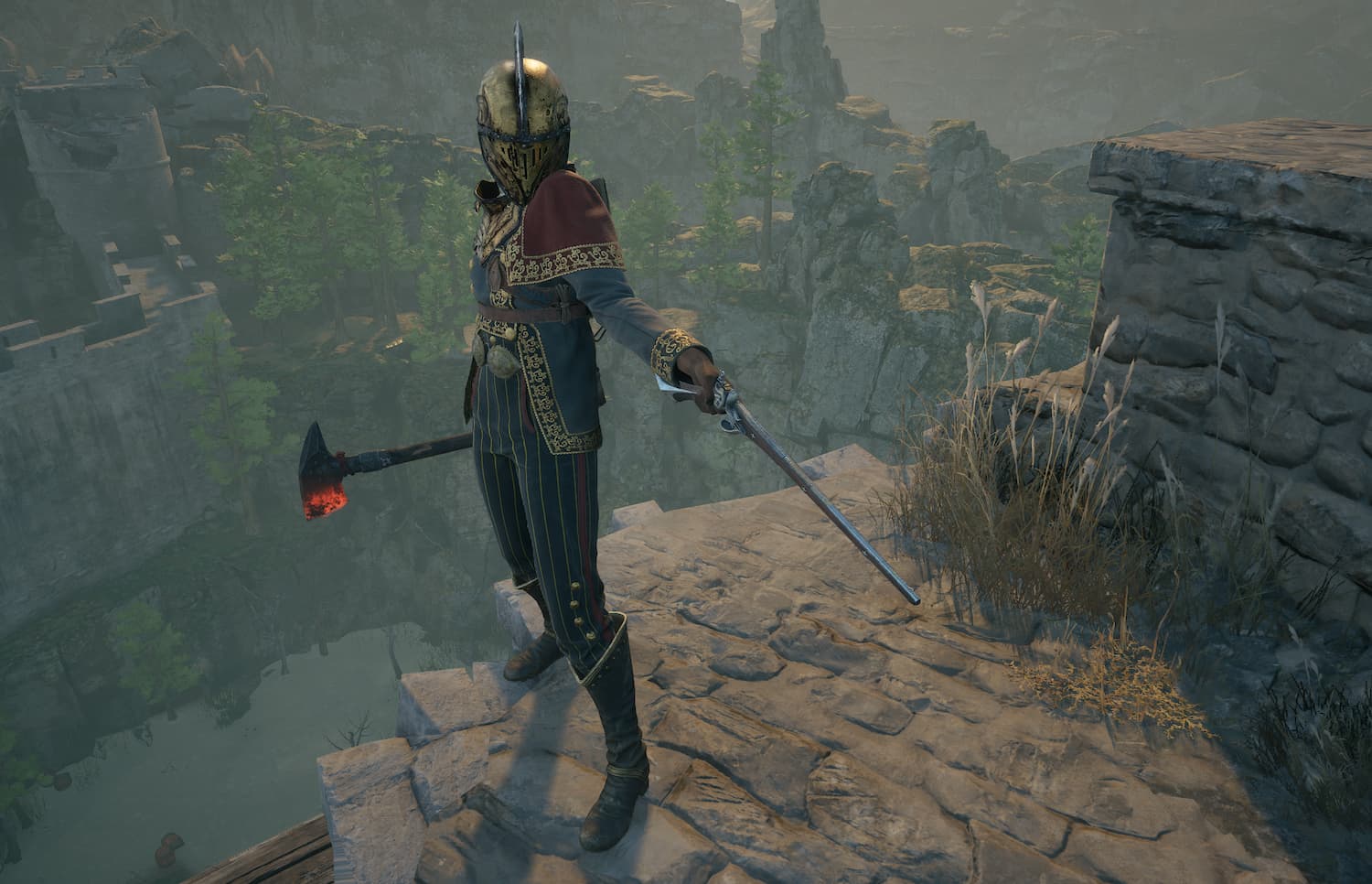 Nor from Flintlock faces the camera with pistol drawn. She wears a golden, gladiator-style helmet, the Irregular's Helmet.