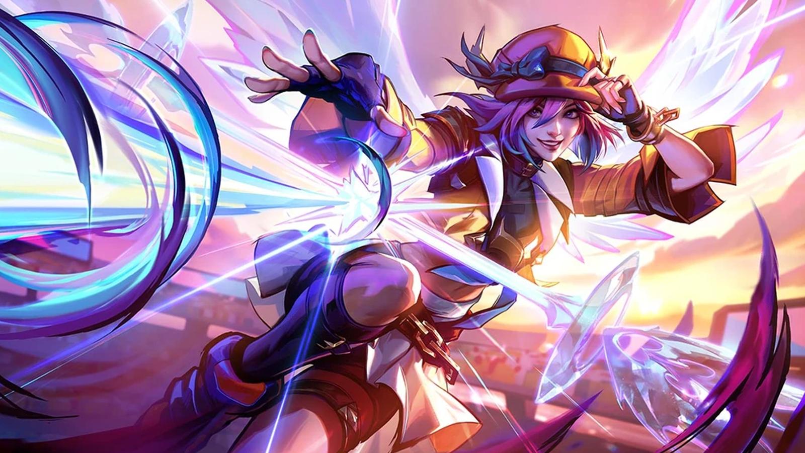 A LoL Arena character casts a cartoon spell while holding her hat.