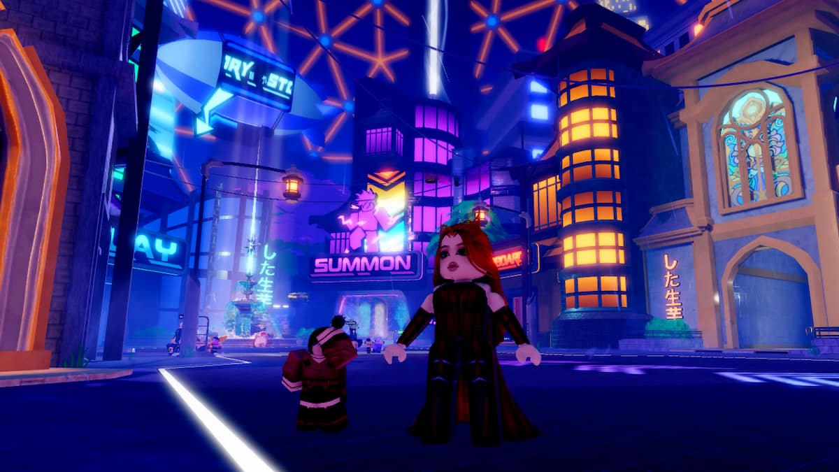 Standing in the Anime Defenders hub in Roblox.