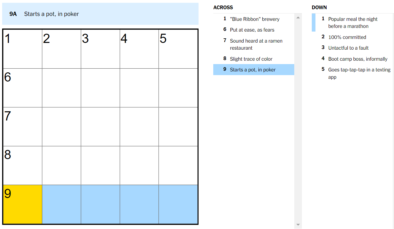 Starts a pot in poker nyt july 19 crossword