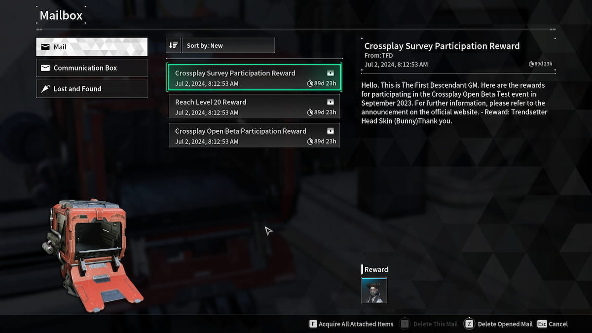 Mailbox with beta rewards in The First Descendant