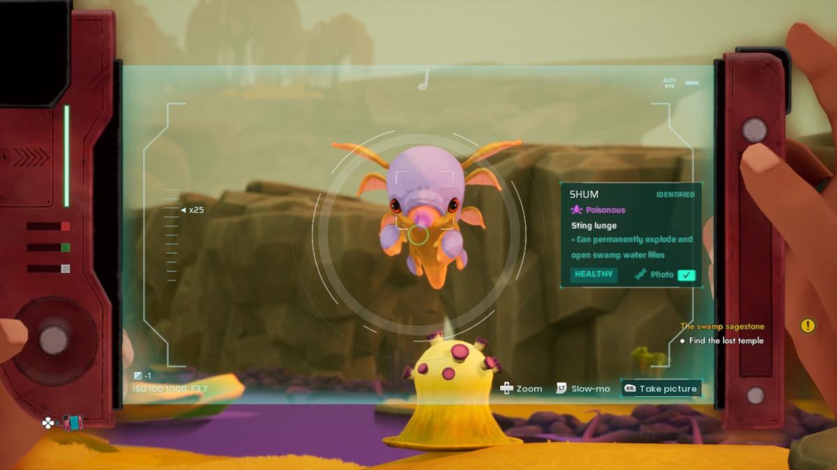 Camera pointed at a Shum face-on in Creatures of Ava with basic species info on the right-hand side of the screen