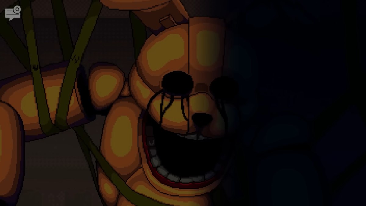 Close up of destroyed Bonnie with hollowed out eyes and body twisted by the pit's netting