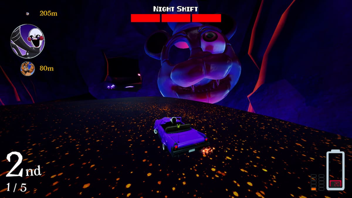 An image of a race in Five Laps at Freddy's. During this race, a Night Shift has activated, turning the race track dark and making everything more dangerous. This particular race features a driver and a large animatronic in the background.